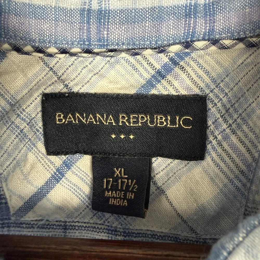 Banana Republic Linen Blend Shirt Mens XL Blue Plaid Long Sleeve‎ Button Up